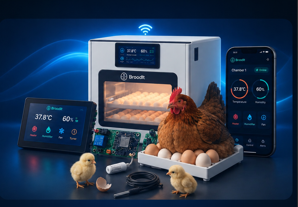 BroodIt smart egg incubator, touch LCD MCU, sensors and mobile app